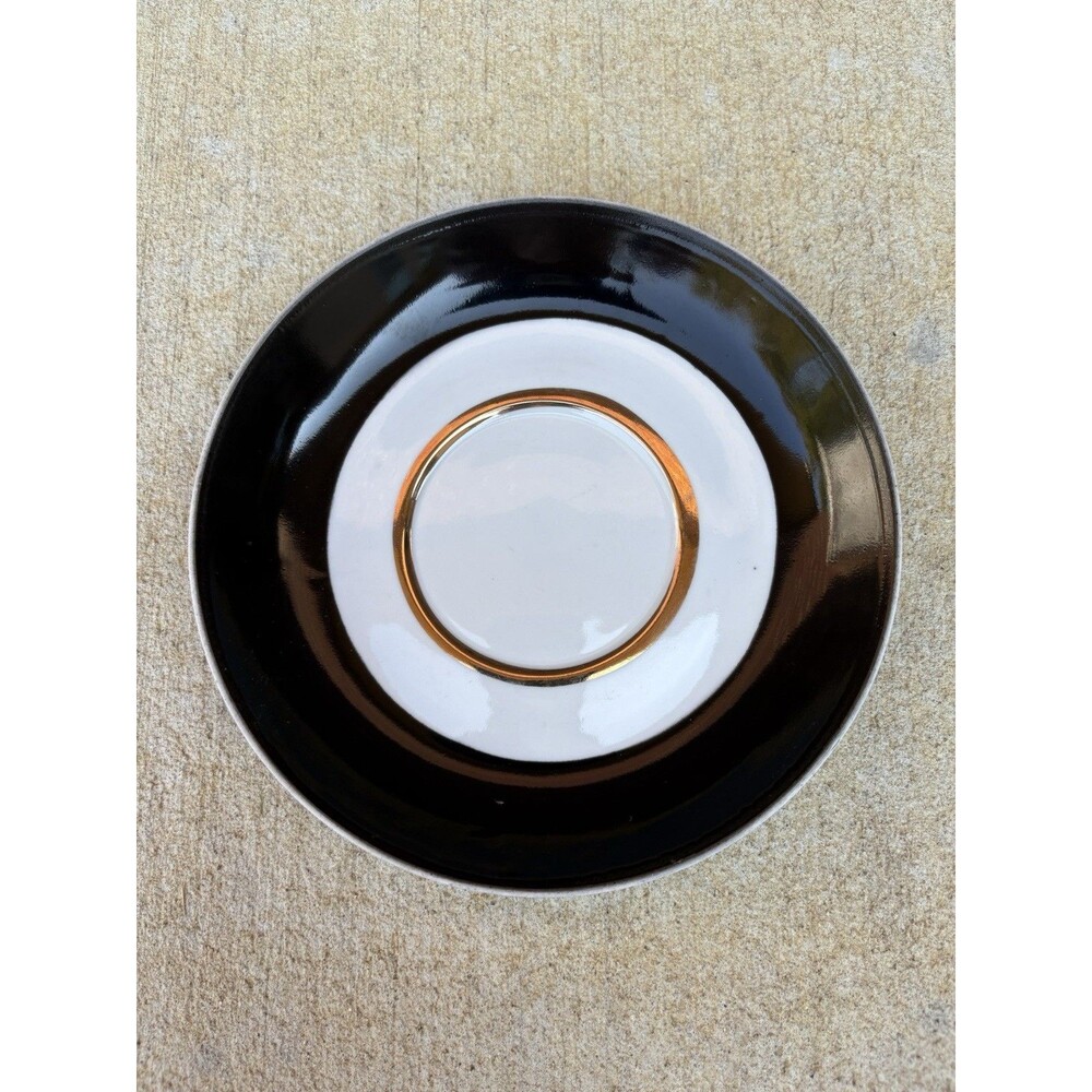 Vintage USSR Russian Dulevo Dulyovo Black & White Gilt Porcelain Cup Saucer 6.5"